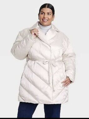 Women's Plus Size Puffer Jacket - Ava & Viv Cream 2X Ladies Snap Up Winter